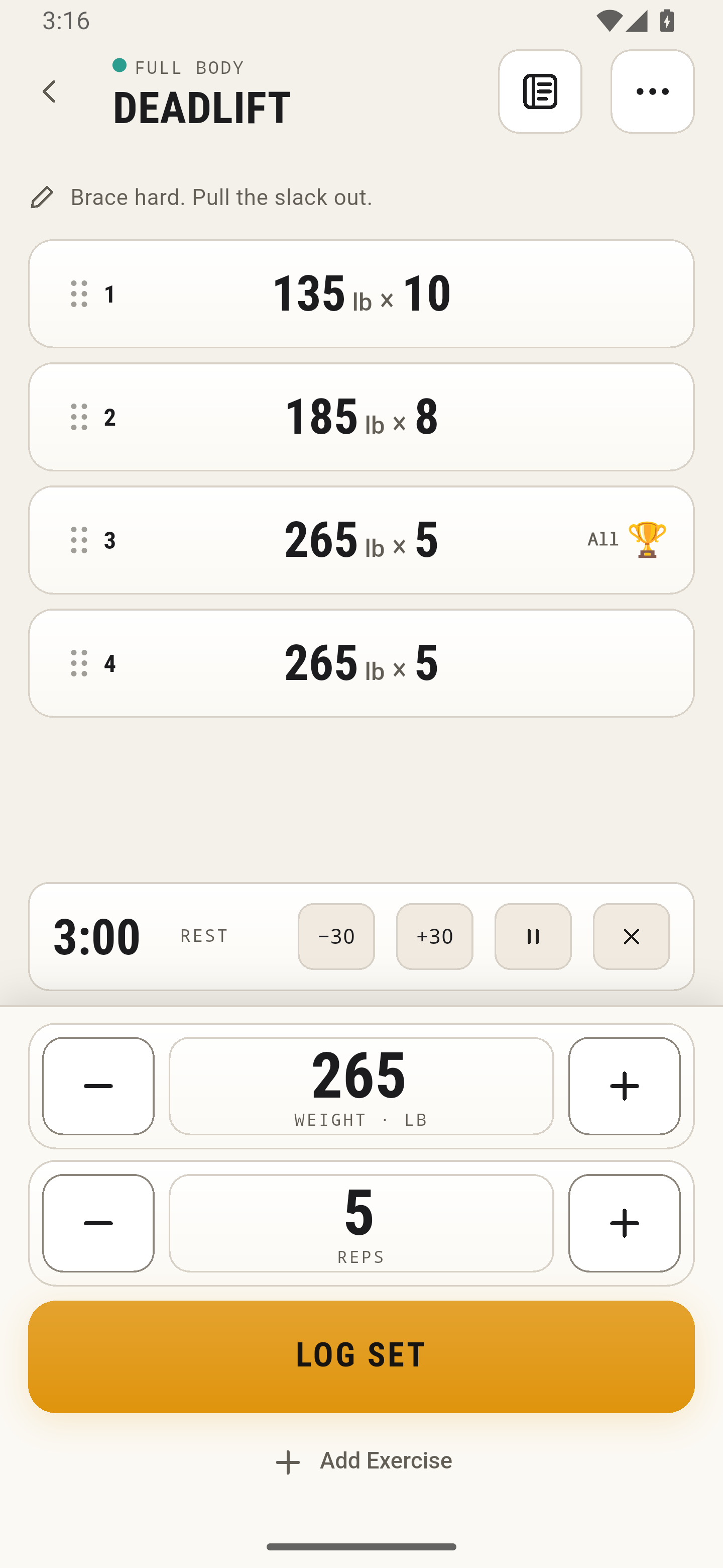 LiftJot on Android in Chalk: two warm-up sets, two working sets, a personal-best trophy, and the rest timer.