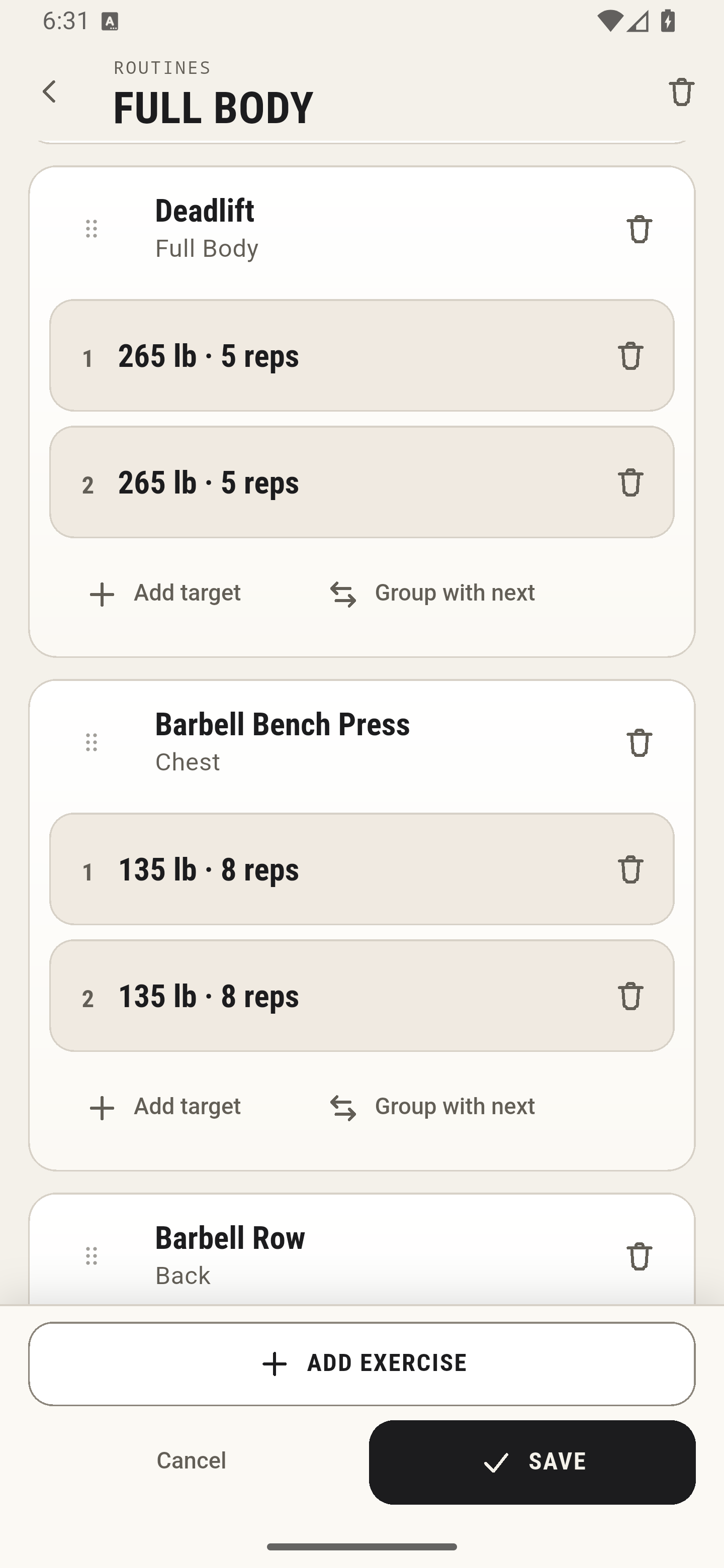 LiftJot on Android in Chalk showing a Full Body routine with exercises and target weights and reps.